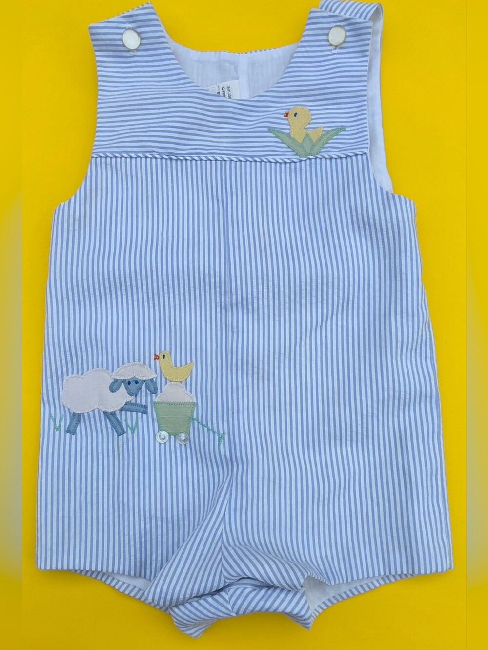 VTG Blue Stripe Kids One-Piece Romper with Duck & Lamb Applique Sz 24 Months